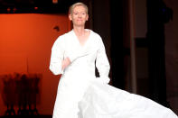 <p>Tilda Swinton wears an original costume for Pier Paolo Pasolini's film <em>Decameron</em> during the Embodying Pasolini press conference at the Mattatoio on June 24 in Rome.</p>