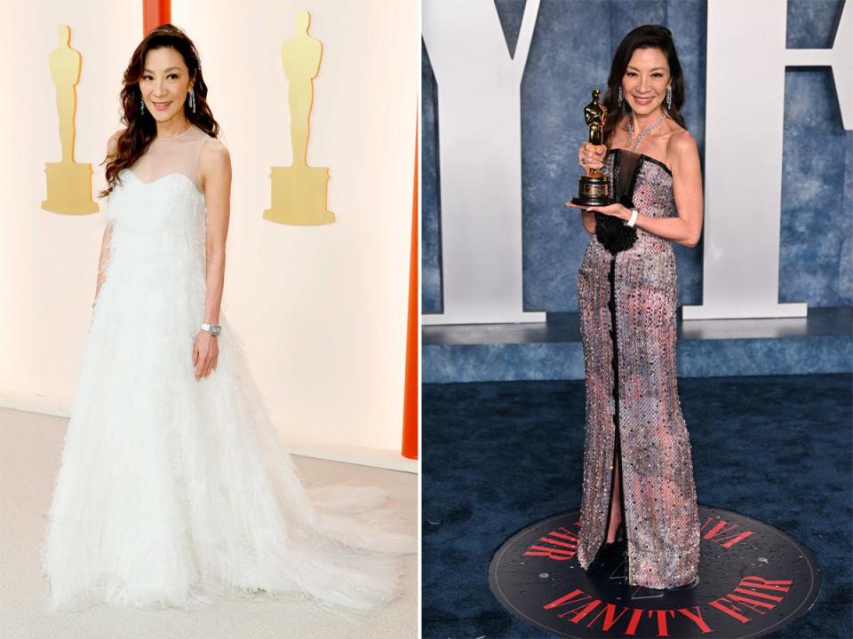 A side-by-side of Michelle Yeoh at the Oscars and the Vanity Fair Oscars After Party in 2023.