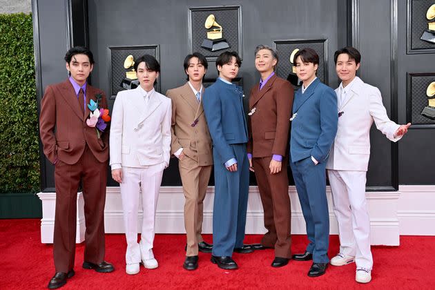 BTS — (left to right) V, Suga, Jin, Jungkook, RM, Jimin and J-Hope — at the 2022 Grammys. (Photo: Axelle/Bauer-Griffin via Getty Images)