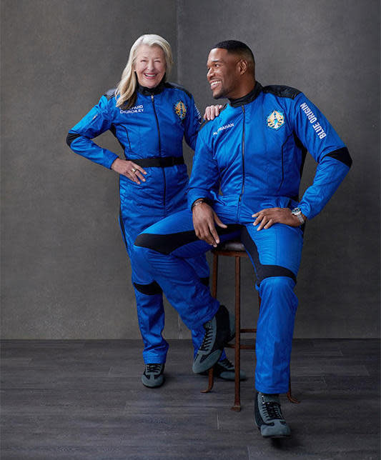 Laura Shepard Churchley, daughter of Mercury astronaut and moonwalker Alan Shepard, poses with ABC TV personality Michael Strahan ahead of their flight to space. / Credit: Blue Origin