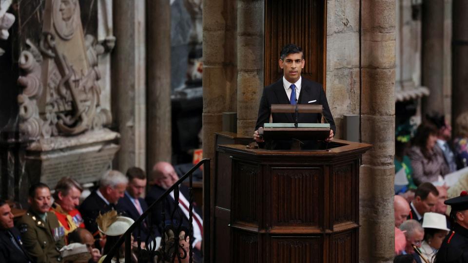 LONDON, ENGLAND - MAY 06: British Prime Minister Rishi Sunak speaks during the Coronation of King Charles III and Queen Camilla on May 6, 2023 in London, England. The Coronation of Charles III and his wife, Camilla, as King and Queen of the United Kingdom of Great Britain and Northern Ireland, and the other Commonwealth realms takes place at Westminster Abbey today. Charles acceded to the throne on 8 September 2022, upon the death of his mother, Elizabeth II.