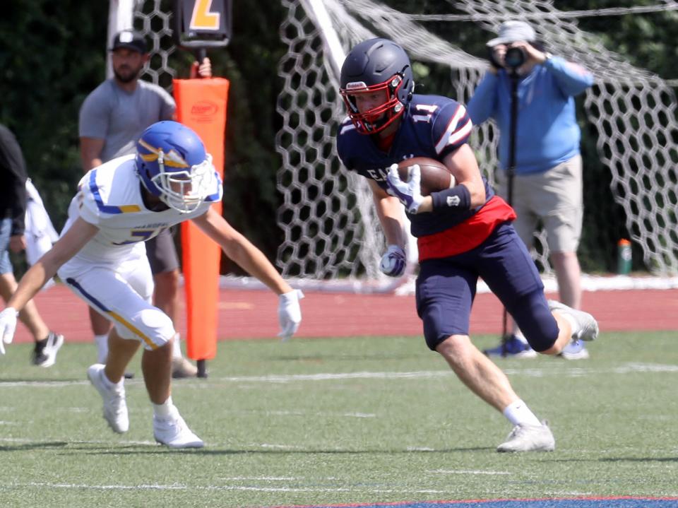 Aidan Schultz of Eastchester carries the ball against Mahopac during a varsity football game at Eastchester High School Sept. 10. 2022. Eastchester defeated Mahopac 13-7.