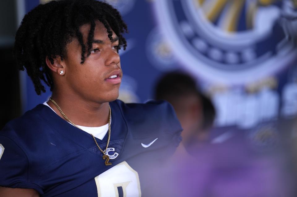 Casteel cornerback Jeremiah Newcombe speaks to the press during Chandler Unified School Districtâ€™s Media Day with players from Arizona College Prep., Chandler, Hamilton, Basha, Casteel and Perry High Schools at Valle Luna Mexican Restaurant on Wednesday, Aug. 3, 2022.