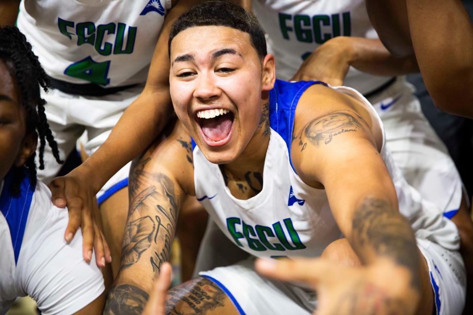 FGCU's Kierstan Bell (1) celebrates after the team wins the 2022 ASUN Women's Basketball Championship between FGCU and Jacksonville State on Saturday, March 12, 2022 at Alico Arena in Fort Myers, Fla.