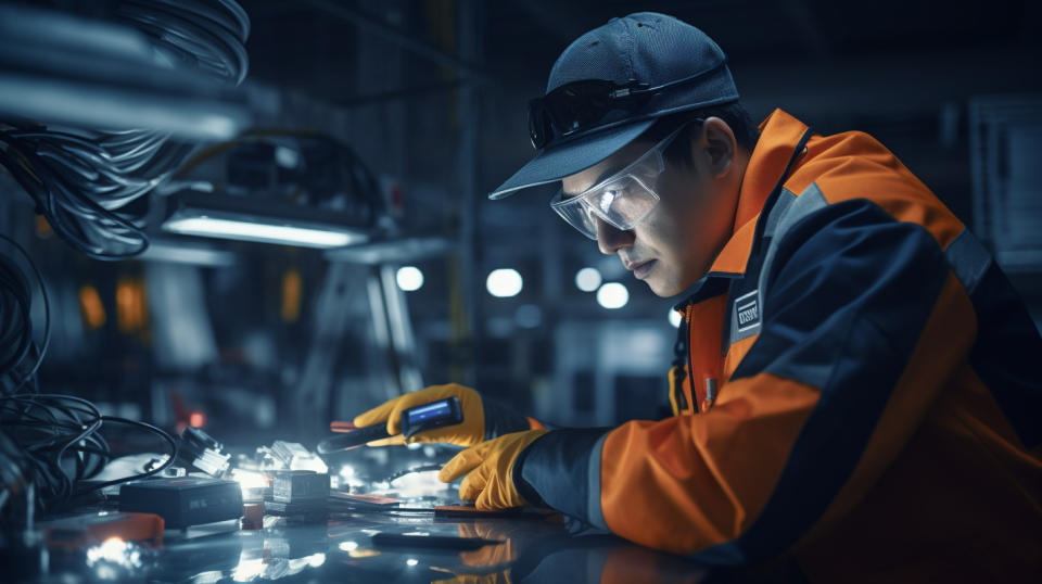 A worker utilizing a vision sensor to verify discrete items.