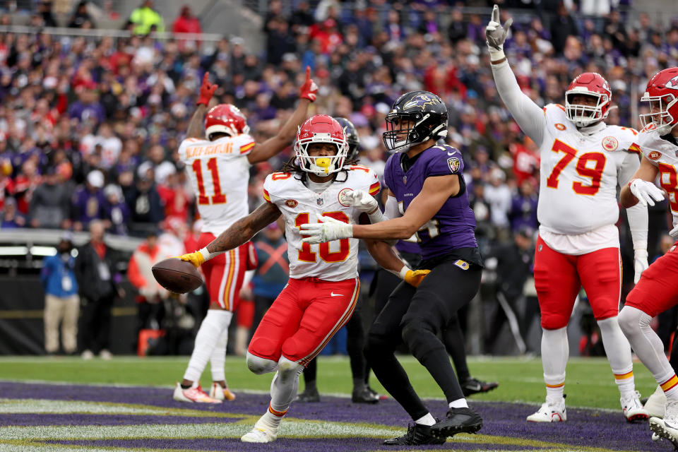 BALTIMORE, MARYLAND – JANUARY 28: Isiah Pacheco #10 of the Kansas City Chiefs celebrates after a touchdown against the Baltimore Ravens during the second quarter in the AFC Championship Game at M&T Bank Stadium on January 28, 2024 in Baltimore, Maryland. (Photo by Patrick Smith/Getty Images)