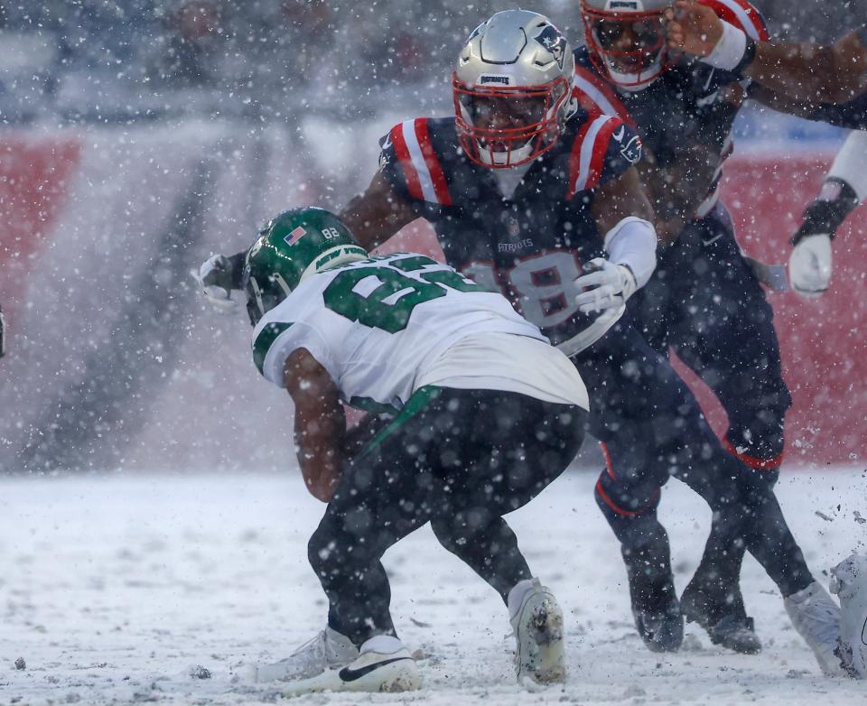 Slater makes a snowy tackle during his final game on January 7