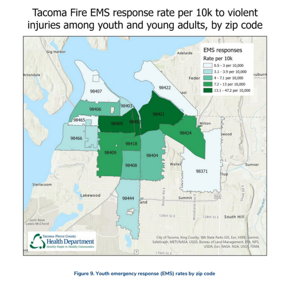 A map displaying where Tacoma Fire EMS responded to violent assaults in 2021. Emergency medical service workers responded to 198 calls for some form of assault that year, with zip codes 98505, 98402 and 98421 comprising a majority of those attacks.