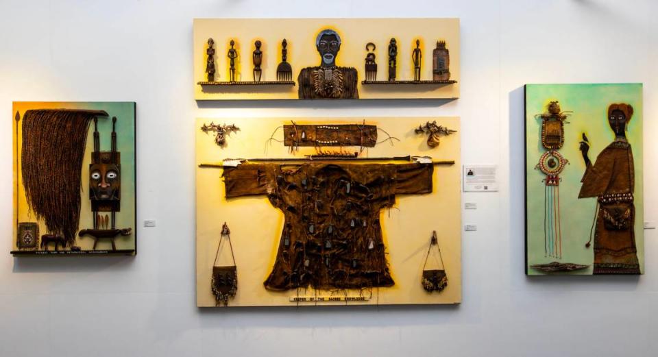 Artwork by artist Athlone Clarke is displayed at the Art Prizm Fair during Art Basel in the Design District neighborhood of Miami, Florida, on Tuesday, November 29, 2022.