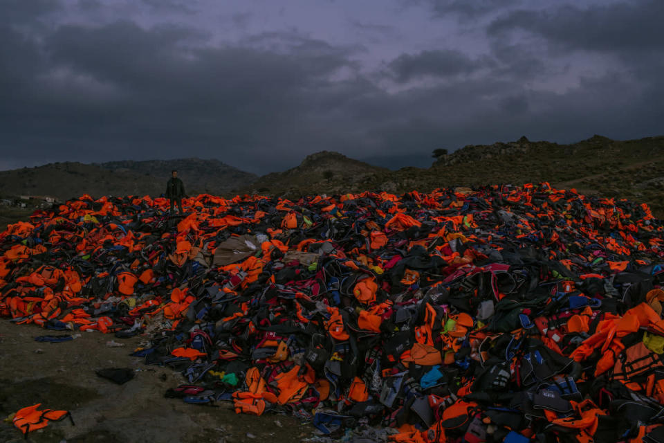 A huge pile of discarded life vests