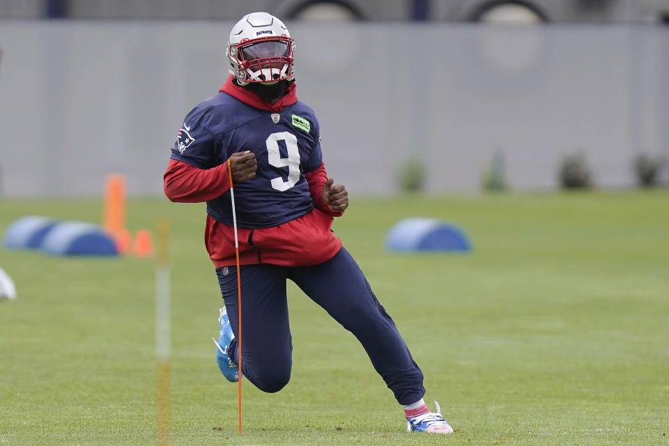 New England Patriots linebacker Matthew Judon (9) takes part in drills during an NFL football practice, Tuesday, June 13, 2023, in Foxborough, Mass. (AP Photo/Steven Senne)