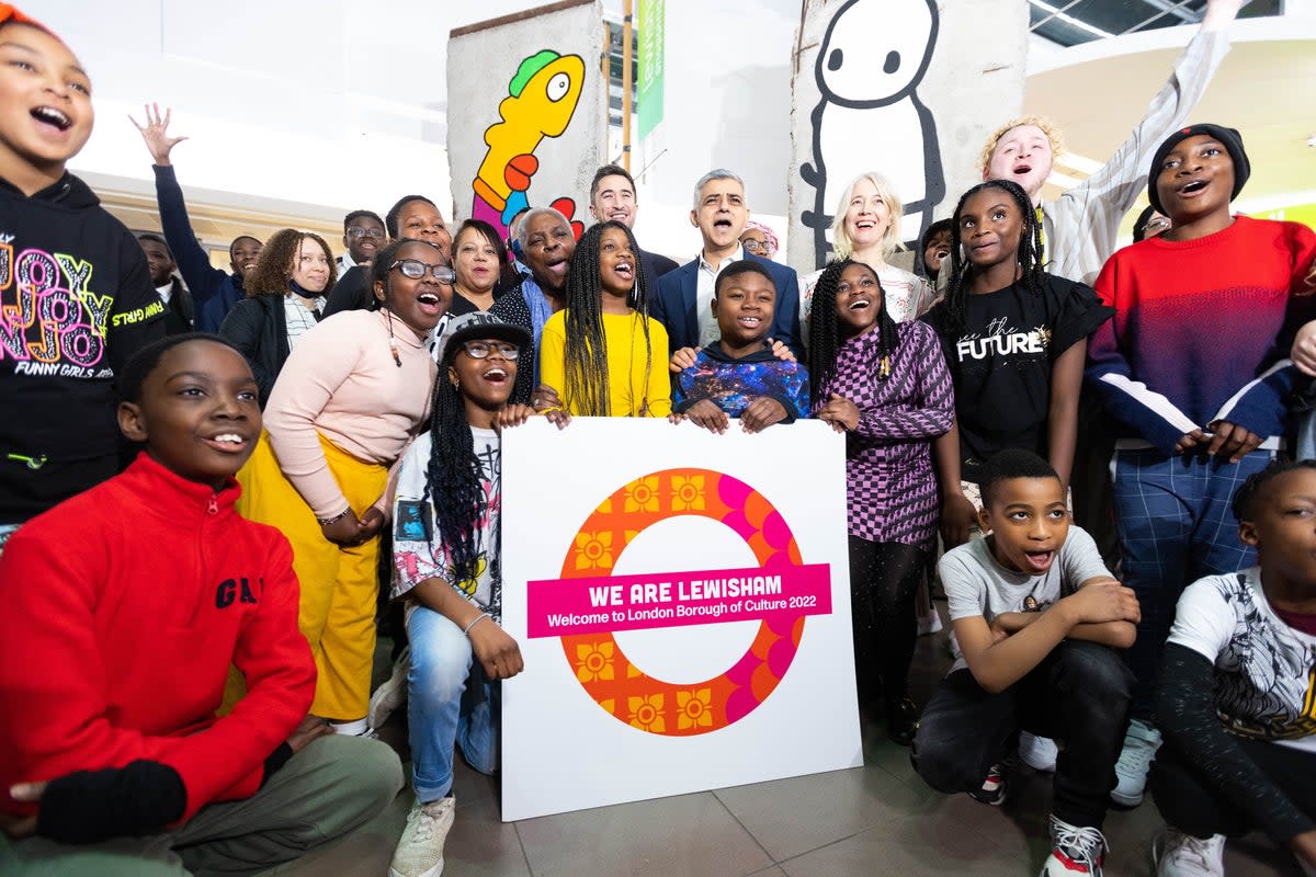 London mayor Sadiq Khan with local school children in Lewisham as the borough celebrated the start of its time as London Borough of Culture 2022.  (PA)