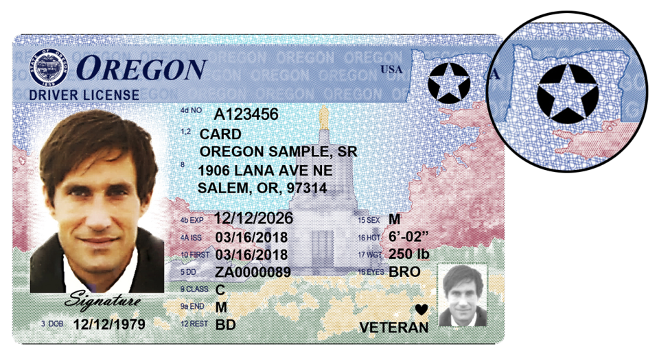 La Real ID en Oregon tiene como distintivo una estrella en un círculo negro en la parte superior derecha