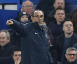 Chelsea's coach Maurizio Sarri gives directions to his players during the round of 32, second leg, Europa League soccer match between Chelsea and Malmo FF at Stamford Bridge stadium in London, Thursday Feb. 21, 2019. (AP Photo/Frank Augstein)
