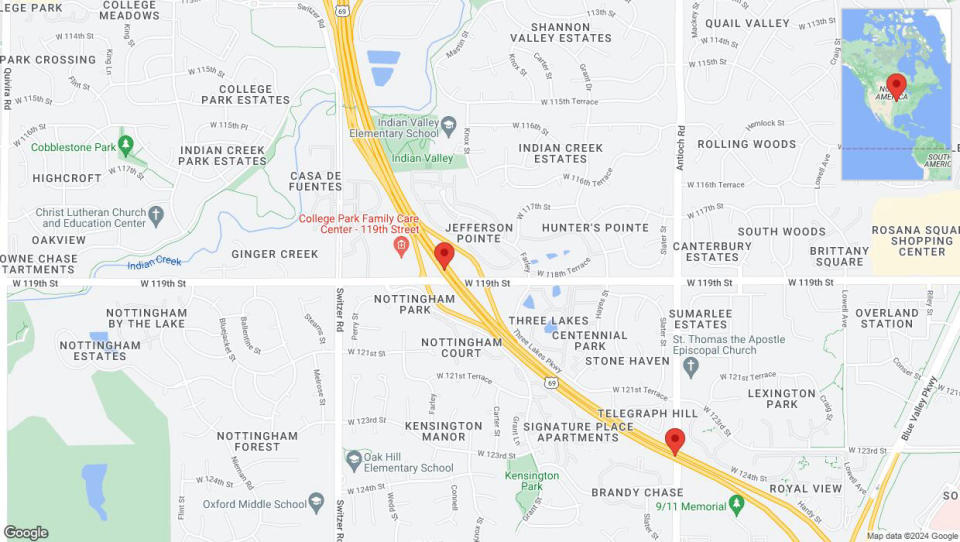 A detailed map that shows the affected road due to 'Lane on US-69 closed in Overland Park' on July 10th at 4:25 p.m.