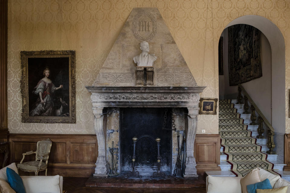 <p>The initials M.L., for the Marnier-Lapostolle family, sit inscribed on a stonework of a fireplace. Belgian king Leopold II purchased the villa in 1904. </p>
