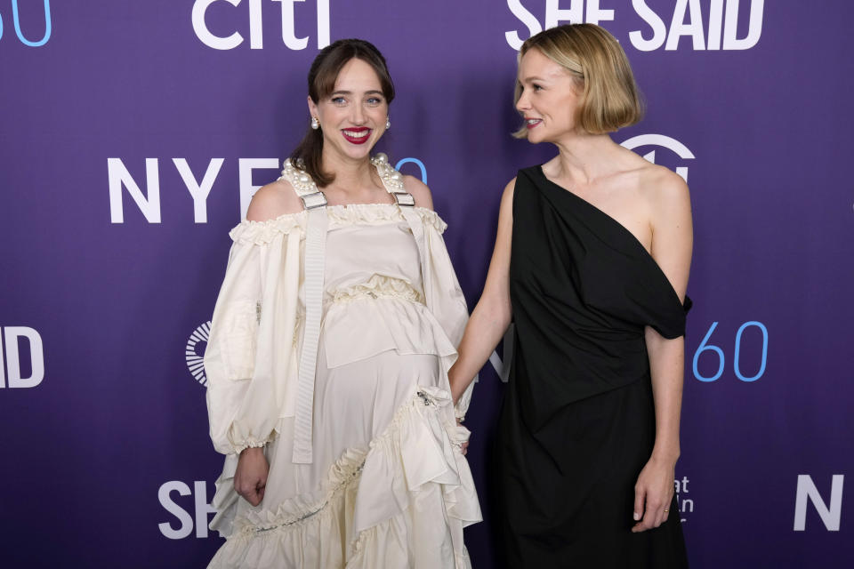 Zoe Kazan, left, and Carey Mulligan attend the premiere of "She Said" at Alice Tully Hall during the 60th New York Film Festival on Thursday, Oct. 13, 2022, in New York. (Photo by Charles Sykes/Invision/AP)