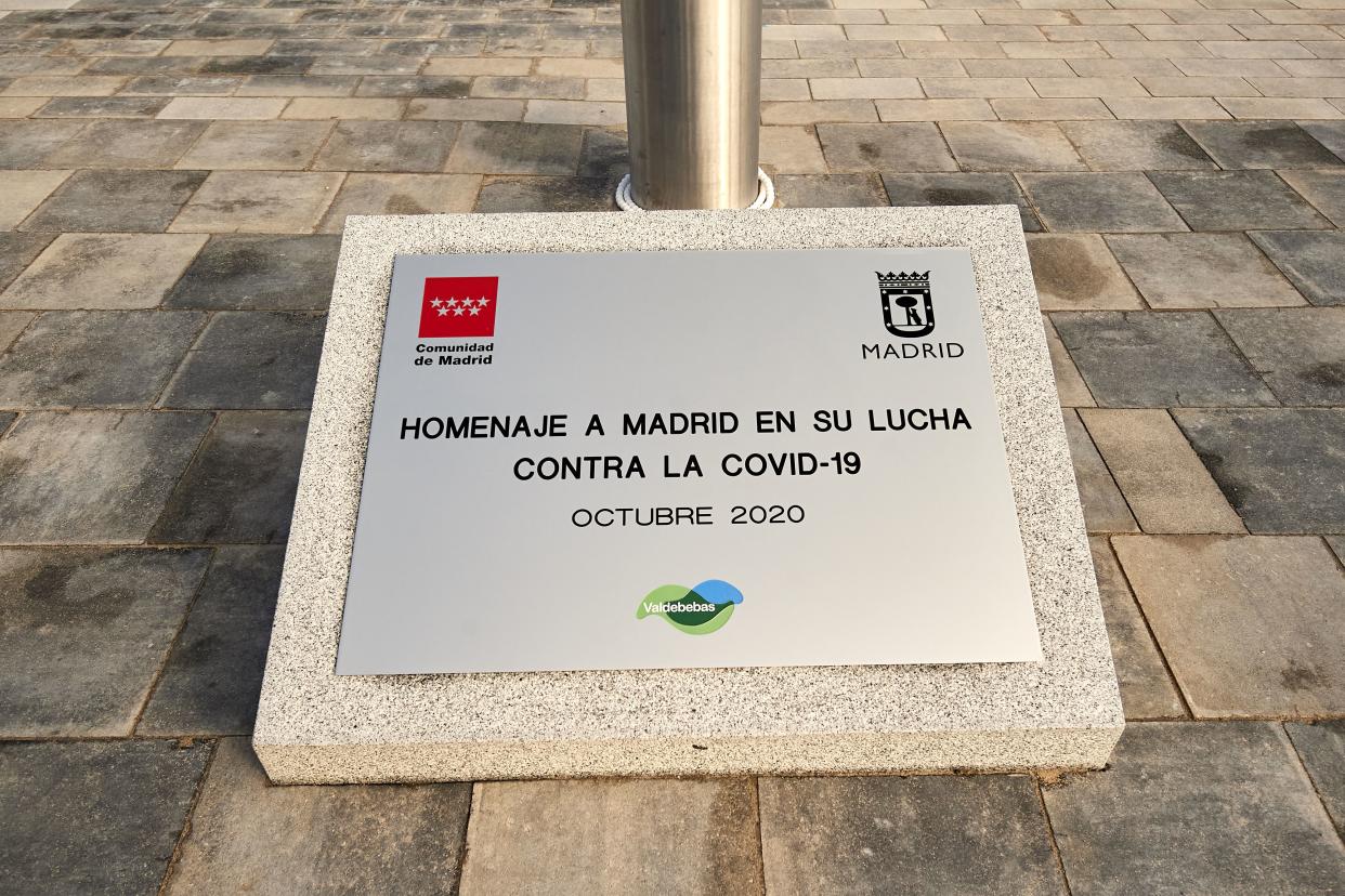 A plaque with the words "Tribute To Madrid City In Its Fight Against COVID-19" is seen at Valdebebas on Oct. 23, 2020 in Madrid, Spain.