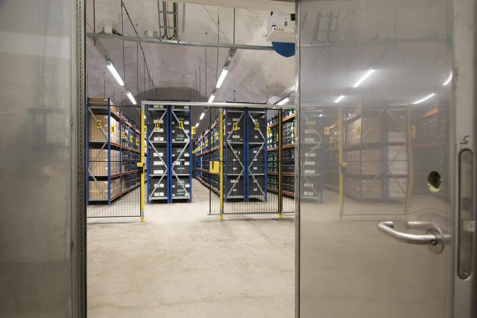 Boxes of seeds stored deep inside the mountain in the Svalbard Global Seed Vault. (Photo: Crop Diversity Trust)