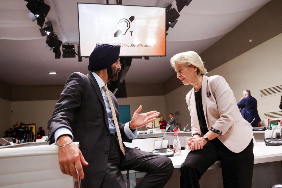 World Bank President Ajay Banga speaks with European Commission President Ursula von der Leyen at COP28 in Dubai on Dec. 2, 2023. <a href="https://www.gettyimages.com/detail/news-photo/world-bank-president-ajay-banga-speaks-with-european-news-photo/1815505102?adppopup=true" rel="nofollow noopener" target="_blank" data-ylk="slk:Ludovic Marin/AFP via Getty Images;elm:context_link;itc:0;sec:content-canvas" class="link ">Ludovic Marin/AFP via Getty Images</a>