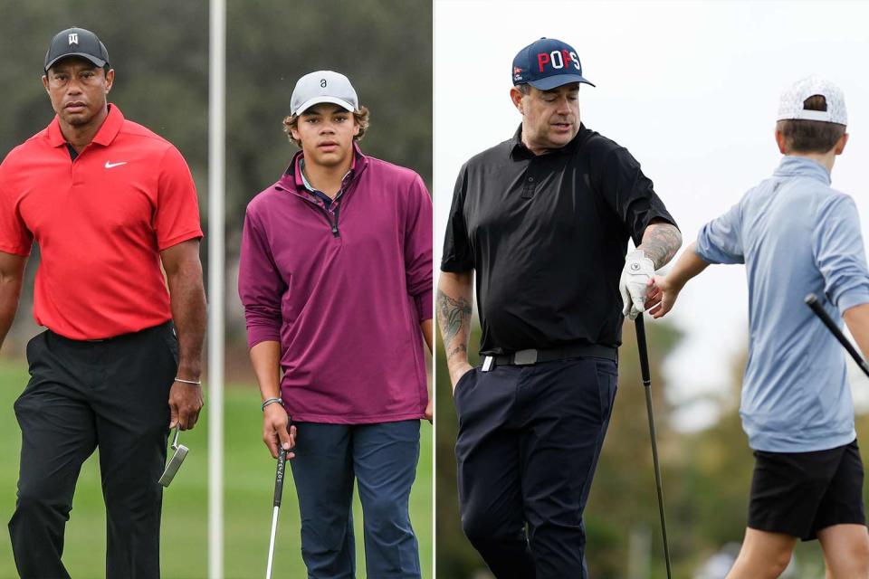 <p>Mike Mulholland/Getty</p> Tiger Woods and son Charlie (left), Carson Daly and Jackson