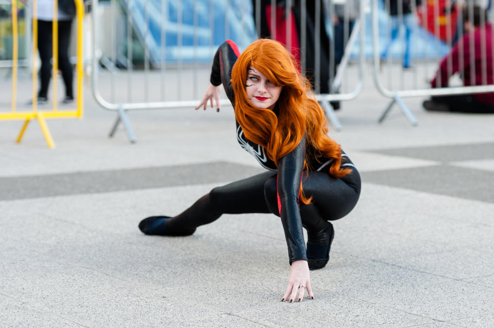 LONDON, UNITED KINGDOM - OCTOBER 26: A cosplayer dressed as 'Spider-Woman' attends the MCM Comic Con at ExCeL exhibition centre in London. October 26, 2018 in London, United Kingdom. (Photo credit should read Wiktor Szymanowicz / Barcroft Media via Getty Images)