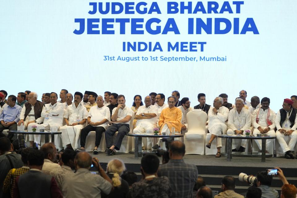 Leaders from the opposition INDIA alliance sit for a press briefing in Mumbai, India, Friday, Sept. 1, 2023. India’s fractured opposition parties on Friday decided to jointly contest the 2024 national elections in their bid to unseat Prime Minister Narendra Modi and prevent his Hindu nationalist Bharatiya Janata Party from achieving a third straight win. The 26 parties decided to work out seat-sharing arrangements in different states in ``a collaborative spirit of give-and-take″ to avoid splitting of votes in favor of Modi’s party. (AP Photo/Rajanish Kakade)