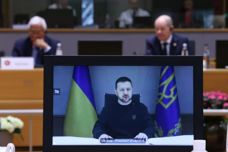 Ukrainian President Volodymyr Zelensky speaks via a videoconference during the EU summit in Brussels. Dario Pignatelli/European Council/dpa