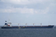 Russian, Ukrainian, Turkish and U.N. officials arrive to the cargo ship Razoni for inspection while it is anchored at the entrance of the Bosphorus Strait in Istanbul, Turkey, Wednesday, Aug. 3, 2022. The Sierra Leone-flagged Razoni, loaded up with 26,000 tons of corn, is the first cargo ship to leave Ukraine since the Russian invasion, and set sail from Odesa Monday, August 1, 2022. Its final destination is Lebanon. (AP Photo/Khalil Hamra)