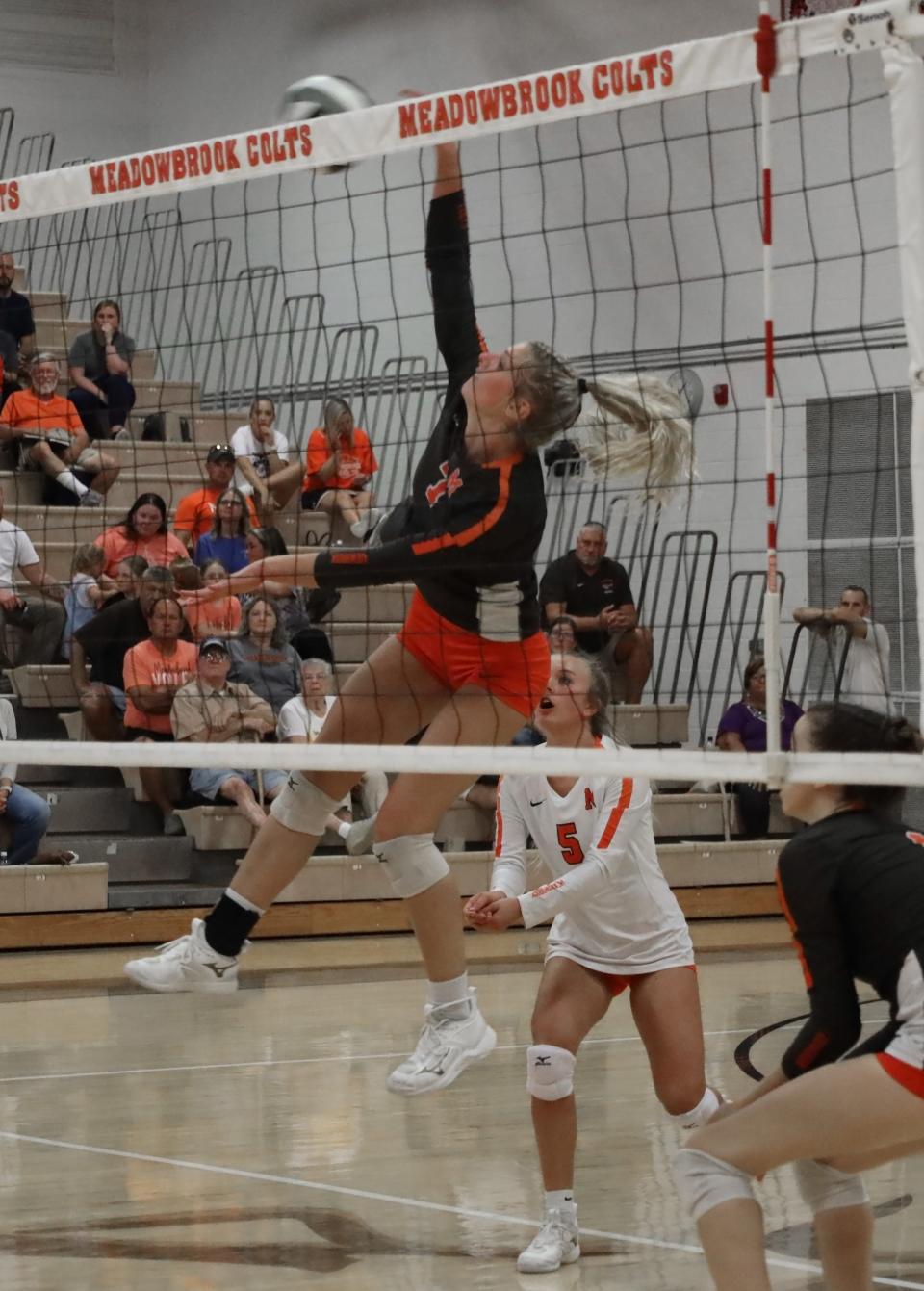 Meadowbrook's Camden Black (7) spikes the ball during Tuesday's MVL volleyball match with Tri-Valley at Meadowbrook High School.
