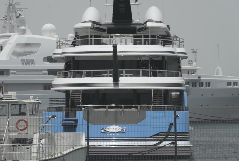 The Madame Gu superyacht, owned by Russian parliamentarian Andrei Skoch, is docked at Port Rashid terminal, in Dubai, United Arab Emirates, Thursday, June 23, 2022. The sleek $156 million yacht belonging to Skoch, a sanctioned Russian oligarch and parliamentarian, is the latest reminder of how the sheikhdom has become a haven for Russian money amid Moscow's war on Ukraine. (AP Photo/Kamran Jebreili)