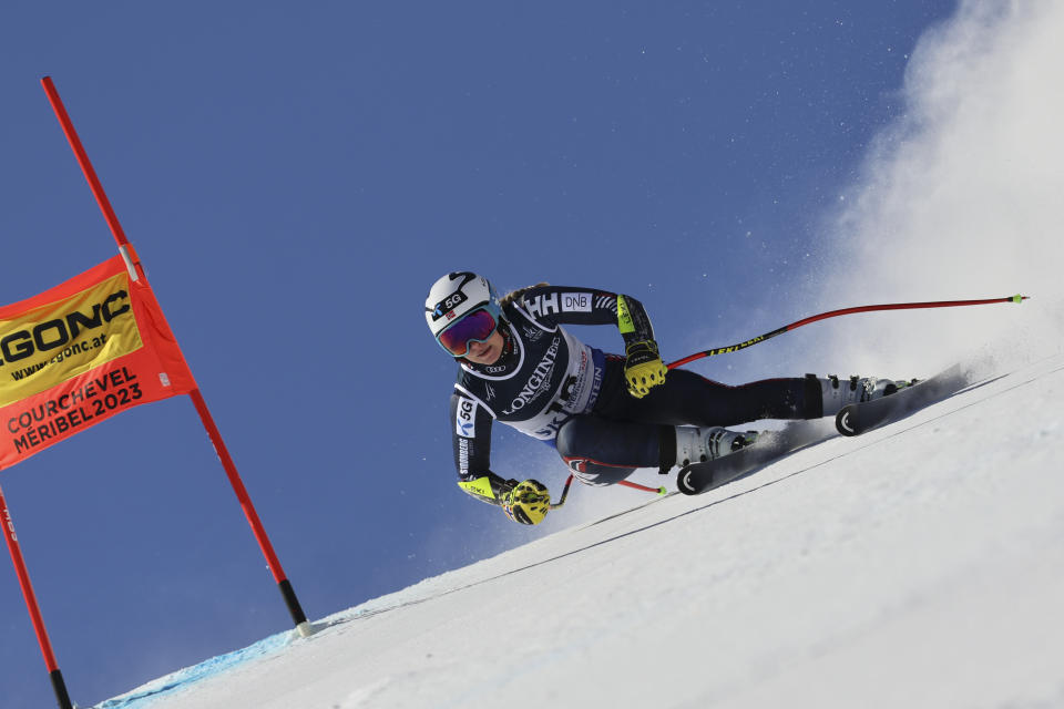 Norway's Ragnhild Mowinckel speeds down the course during the super G portion of an alpine ski, women's World Championship combined race, in Meribel, France, Monday, Feb. 6, 2023. (AP Photo/Marco Trovati)