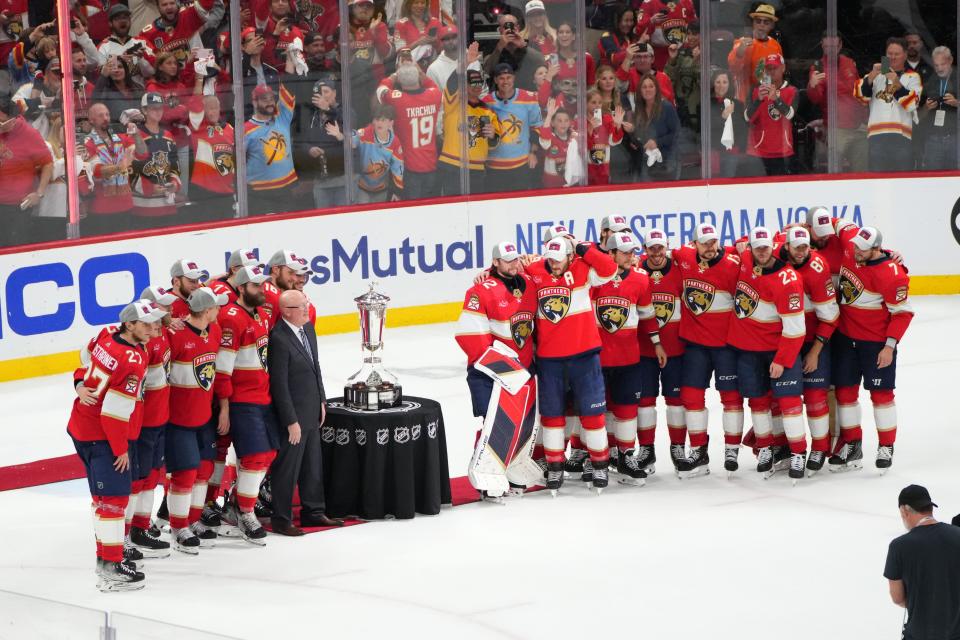 Jun 1, 2024; Sunrise, Florida, USA; The Florida Panthers celebrate winning the Prince of Wales trophy following their close-out victory against the New York Rangers in game six of the Eastern Conference Final of the 2024 Stanley Cup Playoffs at Amerant Bank Arena. Mandatory Credit: Jim Rassol-USA TODAY Sports