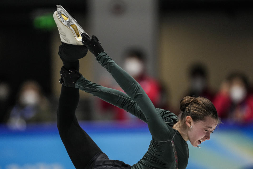 Kamila Valieva, of the Russian Olympic Committee, trains at the 2022 Winter Olympics, Monday, Feb. 14, 2022, in Beijing. (AP Photo/Bernat Armangue)