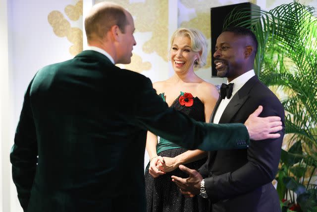 <p>Chris Jackson/Getty Images for Earthshot</p> Prince William chats with Hannah Waddingham and Sterling K. Brown at the Earthshot Prize in Singapore