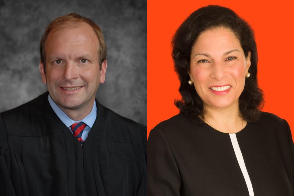 Ohio Supreme Court Justice Patrick DeWine, left, and Marilyn Zayas, right.