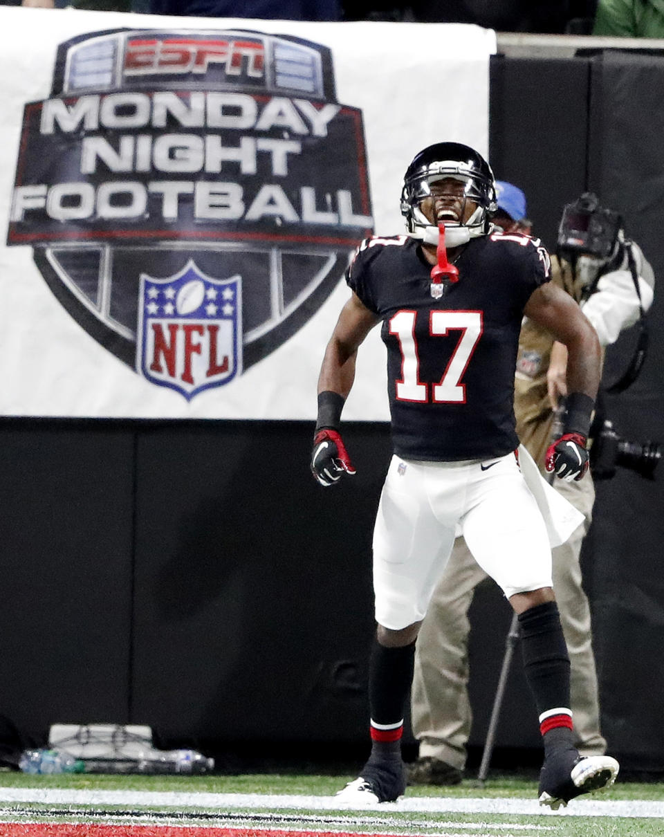 Atlanta Falcons wide receiver Marvin Hall (17) celebrates his touchdown against the New York Giants during the first half of an NFL football game, Monday, Oct. 22, 2018, in Atlanta. (AP Photo/John Bazemore)