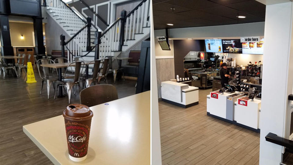 A McCafe coffee sits on a table as Denton House's bifurcated staircase is seen in the background is pictured left. On the right is the counter inside the McDonald's.