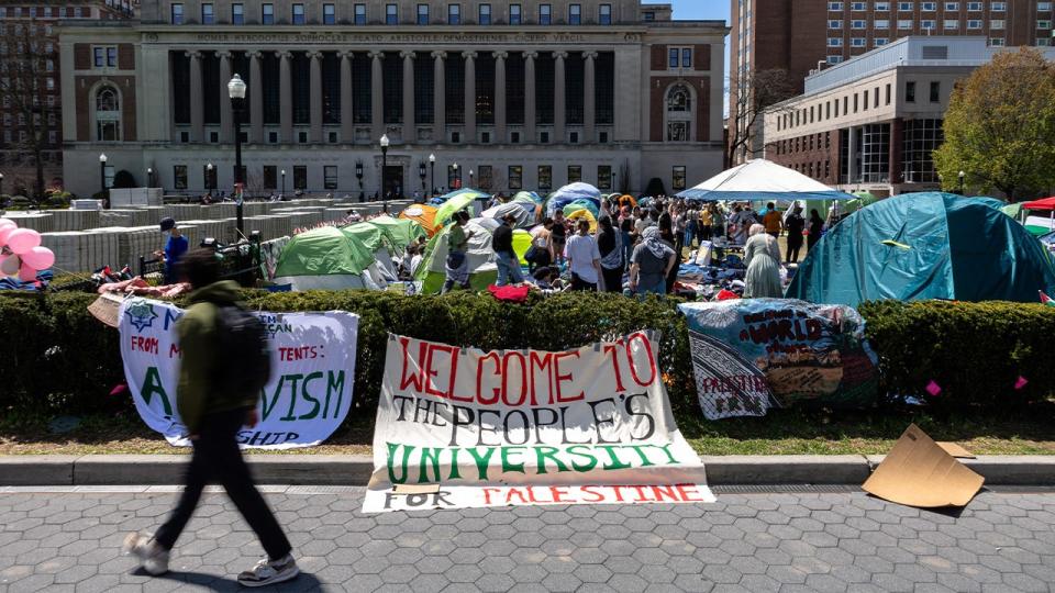 <div>Student demonstrators occupy the pro-Palestinian "Gaza Solidarity Encampment" on the West Lawn of Columbia University on April 24, 2024 in New York City. School administrators and pro-Palestinian student protesters made progress on negotiations after the school set a midnight deadline for students to disband the encampment. The students agreed to remove many of the tents erected on the lawn, ensured that non-students would leave, and bared discriminatory or harassing language among the protesters. (Photo by Michael M. Santiago/Getty Images)</div>