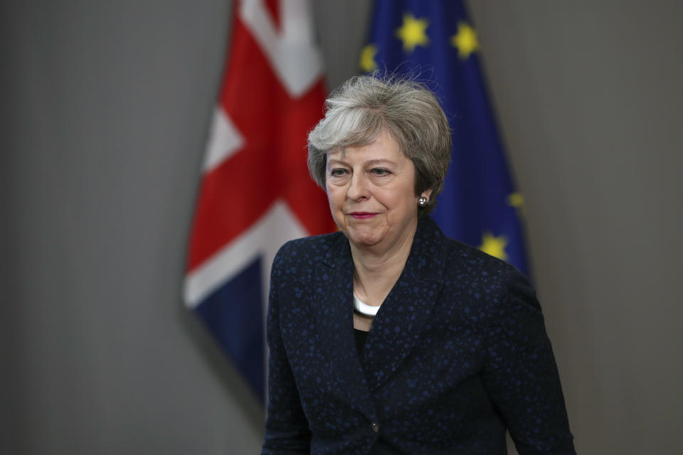 Britain's Prime Minister Theresa May leaves after her meeting with European Council President Donald Tusk at the European Council headquarters in Brussels, Thursday, Feb. 7, 2019. (AP Photo/Francisco Seco)
