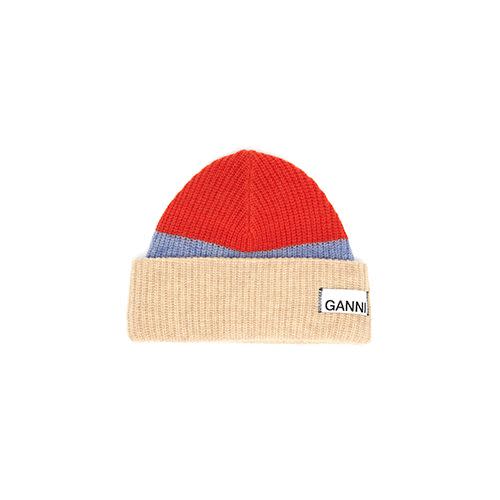 42) Logo-Patch Colour-Block Wool-Blend Beanie Hat by Ganni