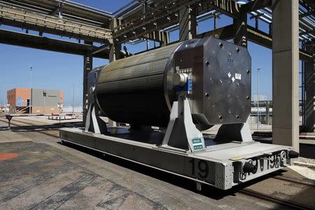 An empty nuclear fuel tank is seen after treatment at the Areva Nuclear Plant of La Hague, near Cherbourg, western France, April 22, 2015. REUTERS/Benoit Tessier