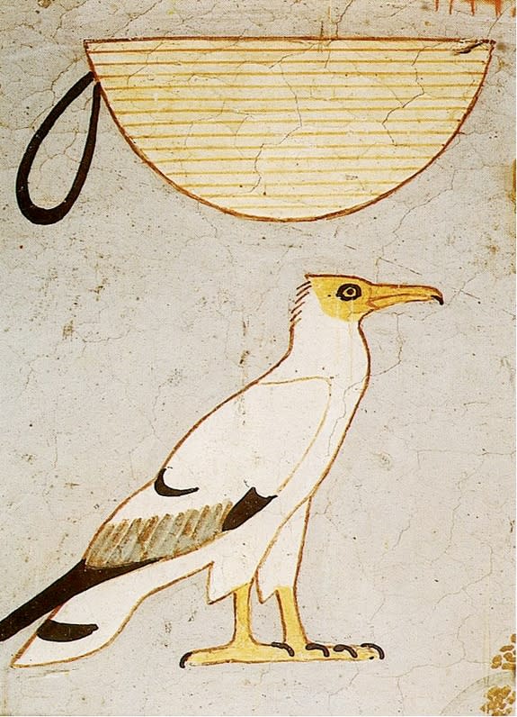 This painted piece of plaster, supposedly found in the tomb, raises suspicions that Vassalli faked the painting. It shows a basket and vulture, symbols that in Egyptian hieroglyphs represent a G and A respectively, possibly the initials of Vass