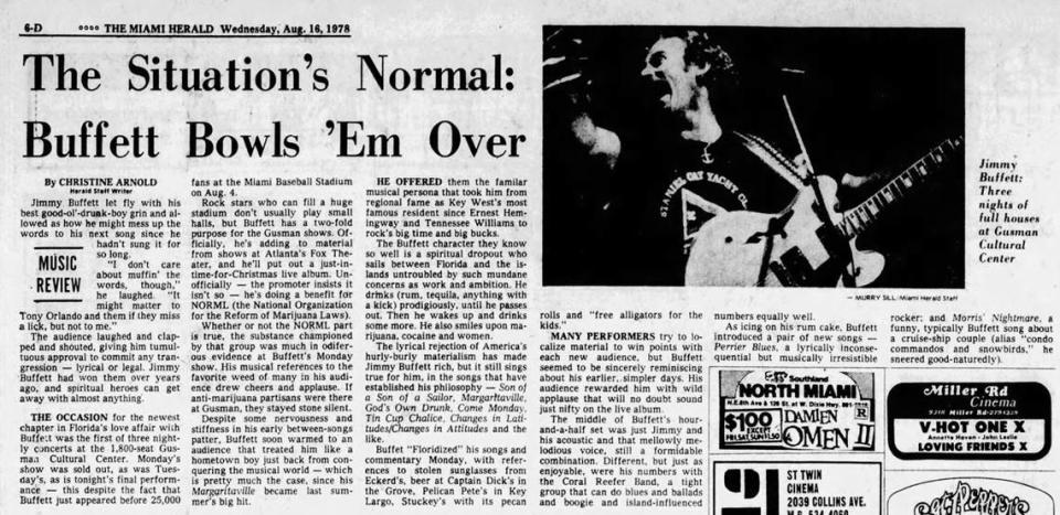 The Miami Herald’s review of Jimmy Buffett’s three-night gig at the Gusman Cultural Center (now Olympia) in downtown Miami that happened Aug. 14-16, 1978. These shows were taped and formed much of the material featured on that 1978 Christmas-season release of the classic two-disc live album: “You Had to Be There.”