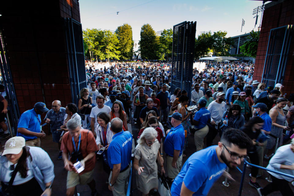 Fans queue to gain access to the Arthur Ashe Stadium to watch Serena Williams of the United States against Ajla Tomljanovic of Australia in the third round of the women's singles at the U.S. Open at the USTA Billie Jean King National Tennis Center on Sept. 2, 2022 in New York City.<span class="copyright">Frey/TPN/Getty Images</span>