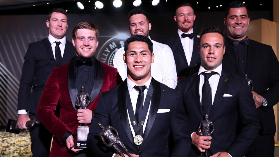 Roger Tuivasa-Sheck and the other Dally M winners show off their awards. Pic: Getty