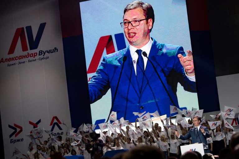 Aleksandar Vucic, speaking here during a pre-election rally of his Serbian Progressive Party, hopes to win a five-year term as president outright