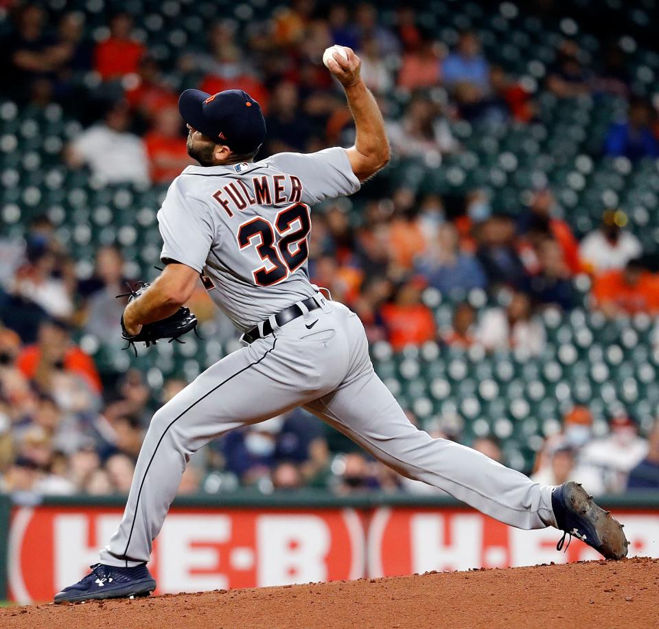 Michael Fulmer of the Detroit Tigers pitches in the first inning against the Houston Astros at Minute Maid Park on April 14, 2021 in Houston, Texas.