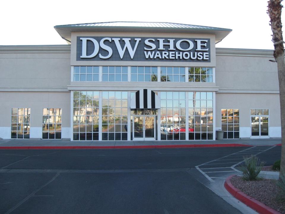 DSW Shoe Warehouse store as seen from front parking lot.