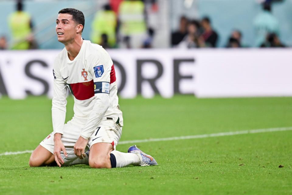 Cristiano Ronaldo of Portugal reacts during the Quarterfinal between Morocco and Portugal of the 2022 FIFA World Cup at Al Thumama Stadium in Doha, Qatar, Dec. 10, 2022. (Photo by Xiao Yijiu/Xinhua via Getty Images)